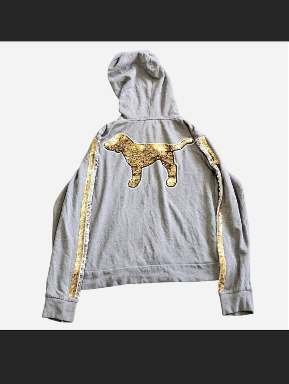 PINK Victoria's Secret Gray Zip Up Hoodie with Gold Sequin Dog & Stripe Accents
